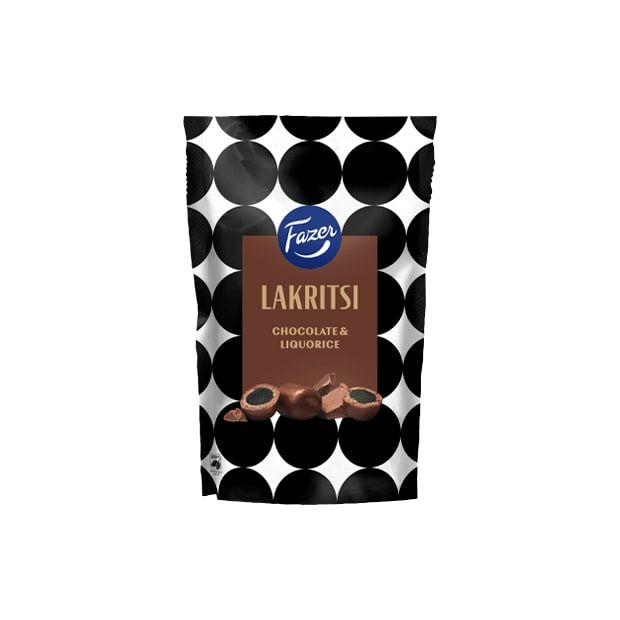 Een zakje Fazer Chocolate & Liquorice-snoepjes van Fazer, met een zwart-wit stippenpatroon en afbeeldingen van met melkchocolade omhulde dropstukjes op de voorkant.