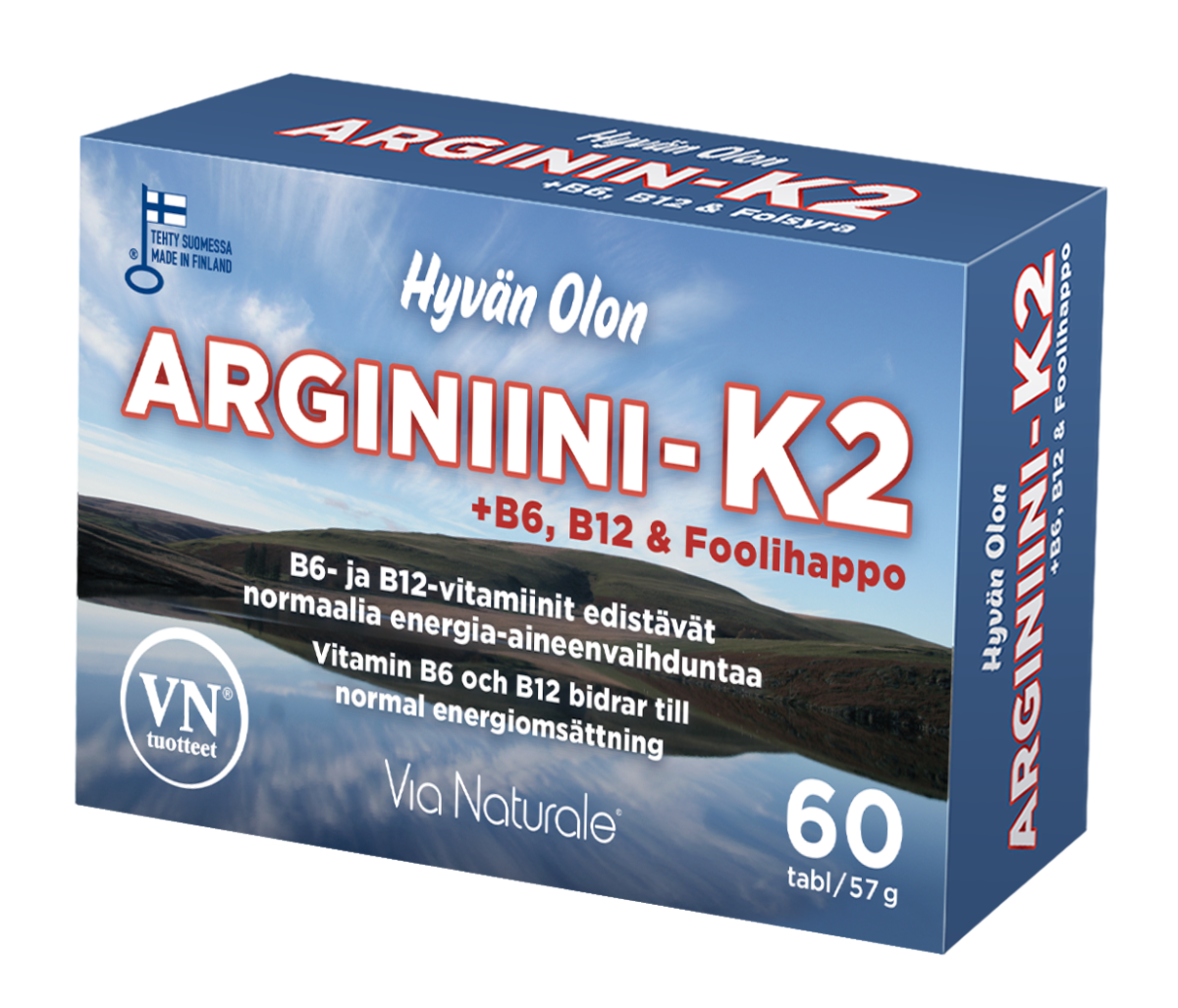 Een blauwe doos met Via Naturale Arginine & Vitamine K2 voedingssupplement met 60 tabletten, met arginine plus vitamine B6, B12, foliumzuur en K2 ter ondersteuning van homocysteïne; verpakking in het Fins en Zweeds.