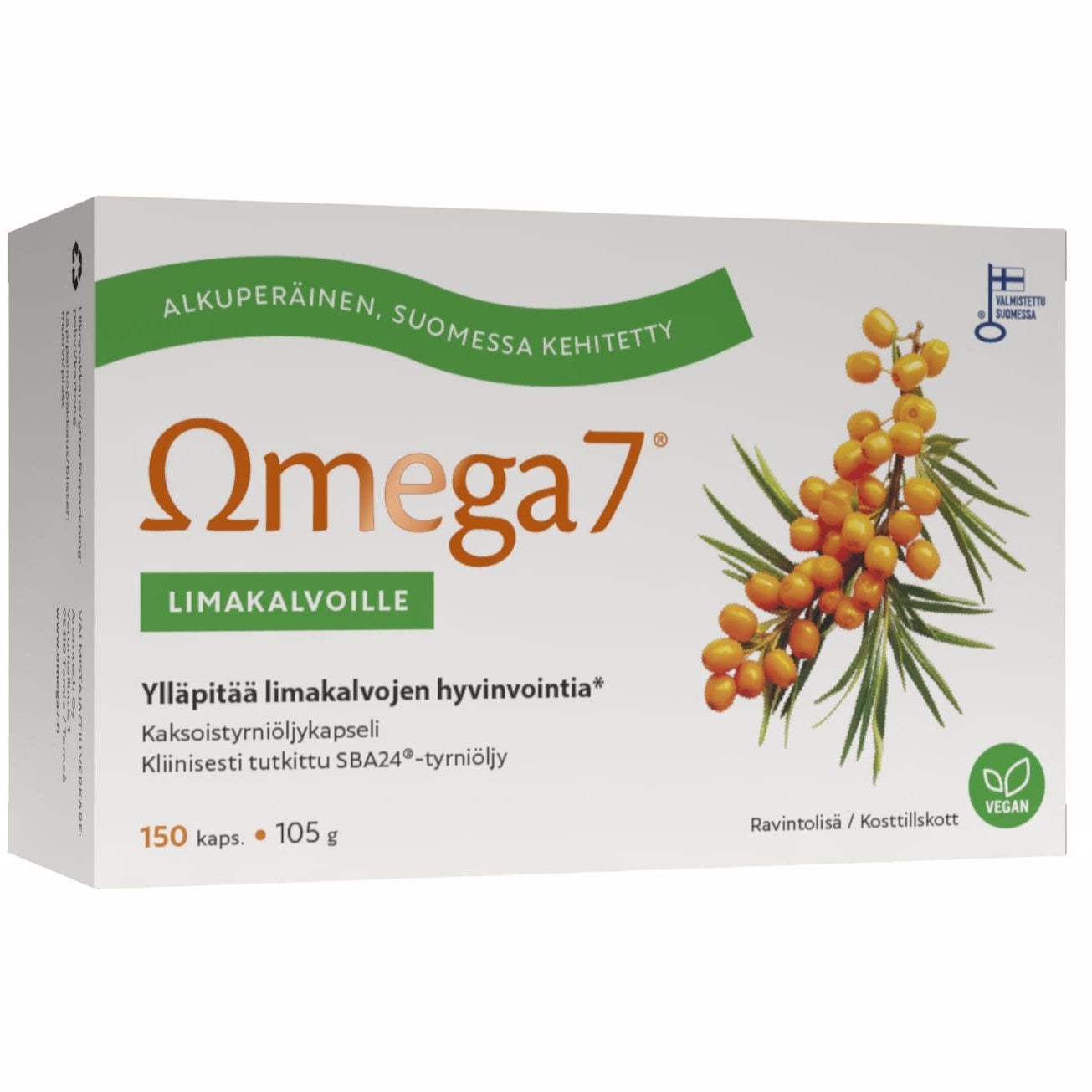 Een doos Omega7 SBA® Duindoornolie Capsules (merk Omega7) met Finse tekst, groene veganistische en certificeringspictogrammen en een afbeelding van een duindoornbes. Ondersteunt de hydratatie van het slijmvlies. Bevat 150 capsules (105 g).