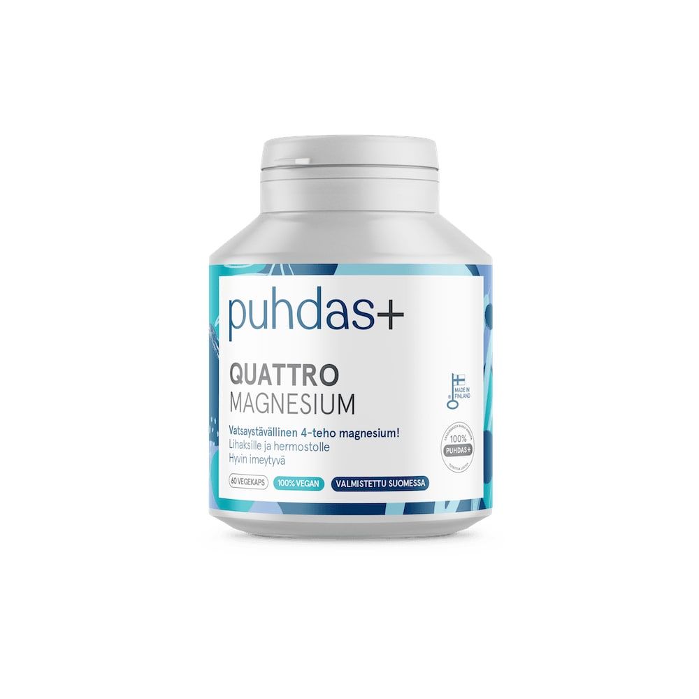 Een witte fles Puhdas+ Magnesium Capsules, met een blauw-wit etiket, veganistische formule, hoge absorptie en Finse oorsprong – een ideaal magnesiumsupplement van Puhdas+ sporters – tegen een effen achtergrond.