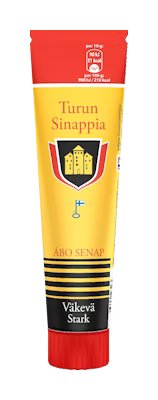 Een gele en rode tube Turku Strong Mustard van Turun Sinappi, met Finse en Zweedse tekst, een schildlogo en een zwarte dop.