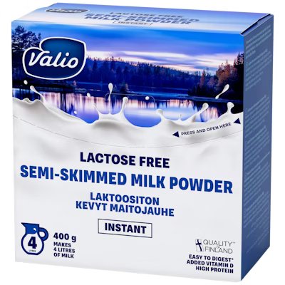 Een doos van 400 g Valio Lactose Free Semi-Skimmed Milk Powder van Valio, in een blauw-witte verpakking met een melkspatontwerp, bereidingsinstructies en Finse kwaliteitsbranding.