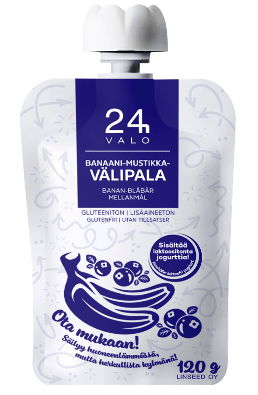 Een zakje van 120 g Valo24h Banana-Bilberry Smoothie-snacks, glutenvrij en zonder toevoegingen (Finse/Zweedse etiketten), met een verpakking waarop bananen, bosbessen en yoghurt staan afgebeeld – gezonde snacks van Valo24h. Bevat 24 zakjes.