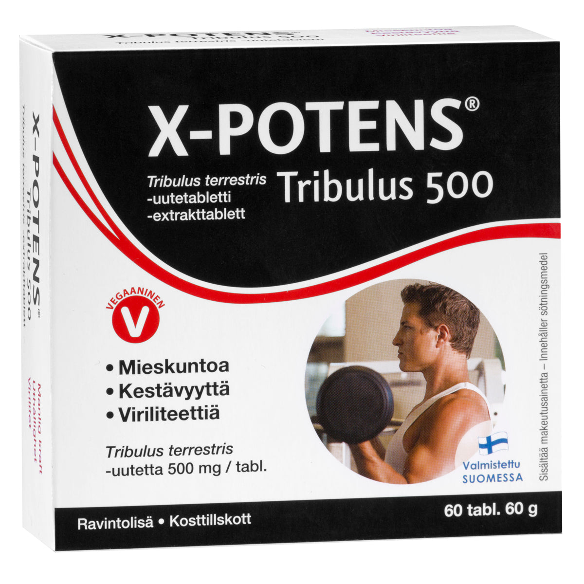 Een doos Hankintatukku X-potens Tribulus 500 met een man die een halter optilt, waarmee vitaliteit, uithoudingsvermogen en kracht worden benadrukt. Bevat 60 tabletten met krachtig Tribulus terrestris-extract voor mannelijke prestaties.