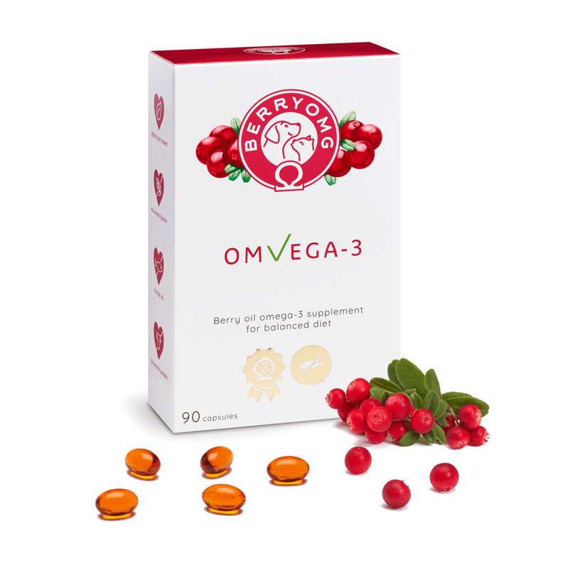 Een doos Berry OMG veganistisch bessenoliesupplement van Berry OMG getoond met veenbessen, groene bladeren en oranje capsules. Op de witte doos met rode accenten staan afbeeldingen van bessen en wordt lingonbessenolie voor omega-vetzuren vermeld.