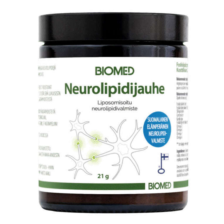 Een zwarte pot Biomed Neurolipid Powder van Biomed met een wit etiket, groene tekst en afbeeldingen van neuronen. Voorzien van een blauw Finne neurolipiden-embleem en bevat een liposomaal poedermengsel. Nettogewicht: 21 gram.