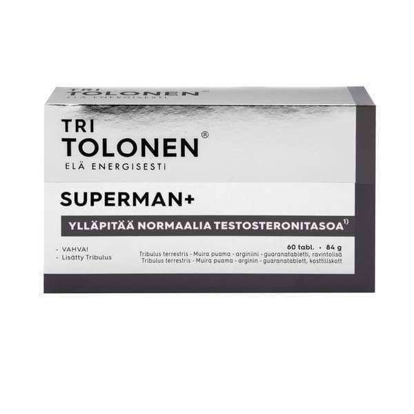 Een doos met Dr. Tolonen Superman+ testosteronsupplementtabletten met een overwegend witte verpakking, Finse tekst, zwarte en grijze accenten, en vermeldingen van Tribulus terrestris voor het welzijn van mannen en een normaal testosterongehalte.