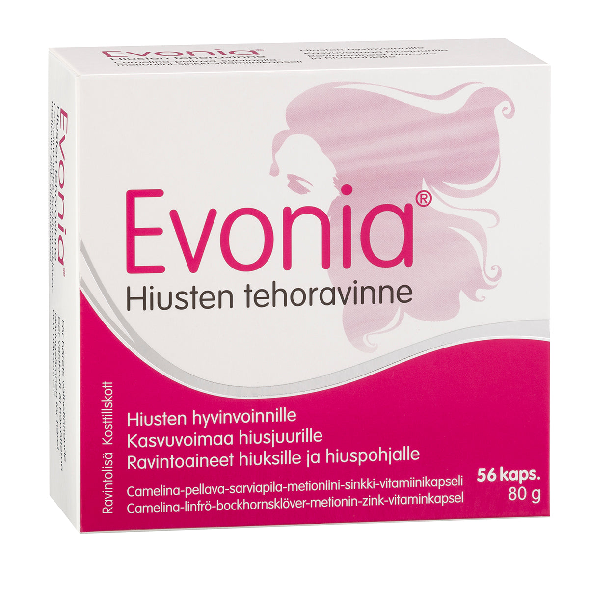 Een doos Hankintatukku Evonia bevat 56 omega-3-capsules, samengesteld in Finland om de gezondheid van de hoofdhuid te ondersteunen en haaruitval te helpen voorkomen. Op de roze verpakking staat een silhouet van een vrouw met golvend haar afgebeeld.