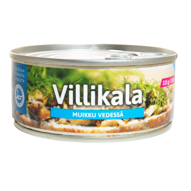 Een rond blikje met het label "Pielisen Kala Vendace In Water" van Pielisen Kala bevat Finse vendace, kruiden, omega-3-voordelen en een zilveren lipje op het deksel van het blikje van 115 g. Op de afbeelding is de kleine meerforel te zien die inheems is in Finland.