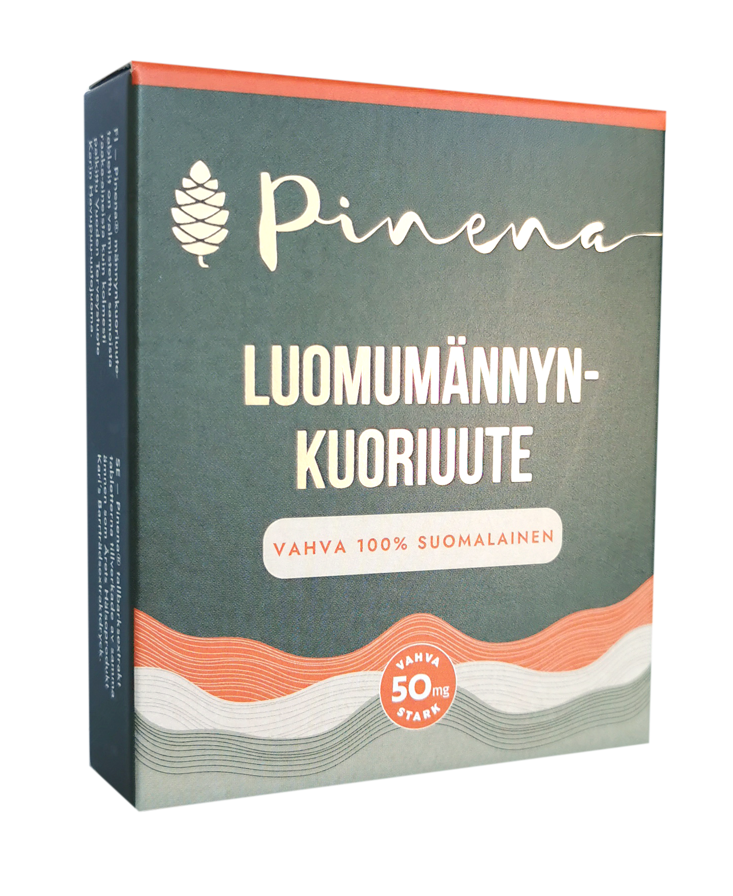 Een doos Pinena Organic Pine Bark Extract van Pinena, met Finse tekst, een dennenappel-logo op een groene achtergrond, oranje en beige golfpatronen en een etiket met de sterkte 50 mg.