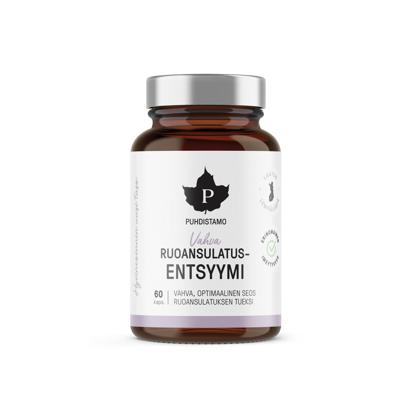 Een bruine glazen fles met een zilveren dop, met het label Puhdistamo Strong Digestive Enzymes, bevat 60 capsules die de opname van voedingsstoffen bevorderen. Op het witte label staat het merk Puhdistamo in zwarte en grijze letters en logo's.
