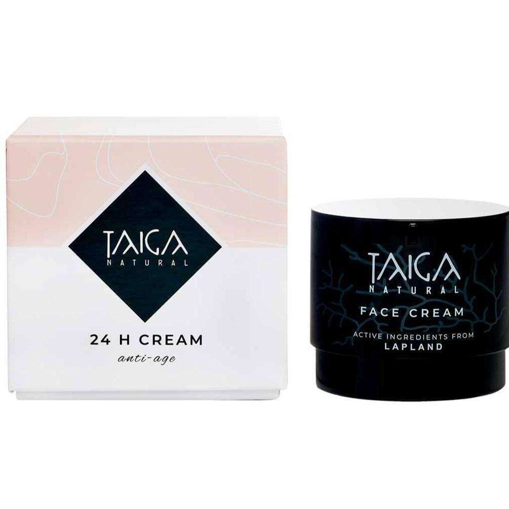 Een witte doos en zwarte pot Taiga Cosmetics 24 H Cream Anti-Age, met een minimalistisch ontwerp, voorzien van een etiket met actieve ingrediënten uit Lapland – een anti-aging, verstevigende crème van Taiga Cosmetics, ideaal voor de droge huid.