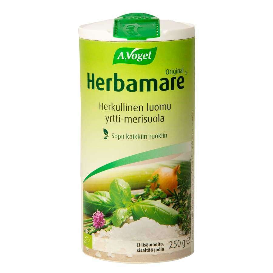 A.Vogel Herbamare Original, 250 g, is een veganistisch kruidenzout in een groen-witte cilindervormige verpakking met afbeeldingen van kruiden en zeezout. Deze biologische smaakmaker van A.Vogel geeft elk gerecht een natuurlijke smaak.