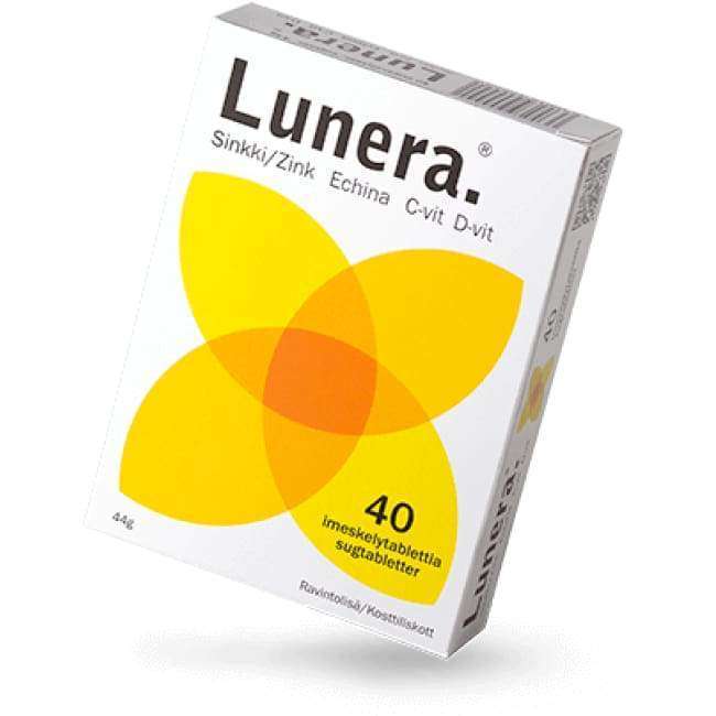 Een doosje Lunera keeltabletten, versierd met een geel en oranje bloemachtig ontwerp. Op de voorkant staat vermeld dat het immuunsysteem wordt ondersteund door zink, echinacea, vitamine C en vitamine D, en dat er 40 tabletten in zitten.