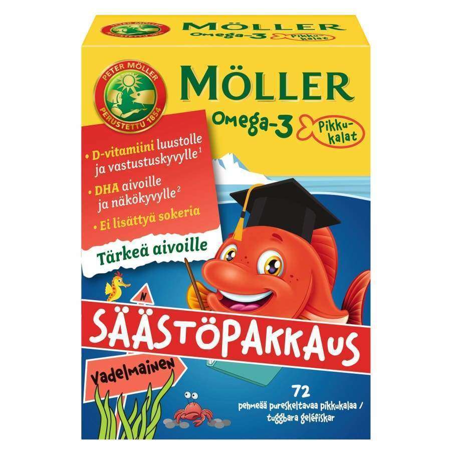 Op de kleurrijke verpakking van Möller Omega-3 Little Fishes staat een cartoonvis met een afstudeerhoed op een blauwe waterachtergrond, met Finse tekst die de nadruk legt op vitamine D, ondersteuning van de hersenen en 72 gummies met bessensmaak. Merk: Möller.