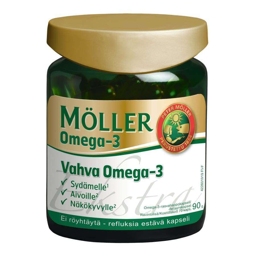 Een groene pot Möller Strong Omega-3 van Möller met een gouden deksel bevat Finse tekst over de voordelen voor het hart, de hersenen en het gezichtsvermogen. De pot bevat 90 capsules die rijk zijn aan EPA en DHA en is voorzien van het Möller-logo.