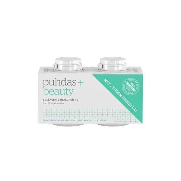 Twee witte flessen Puhdas+ & Hyaluron zijn samen verpakt in een witte en mintgroene doos, met een groene Finse twee-voor-één-aanbiedingsbanner – een anti-aging collageensupplement voor een gezonde huid van Puhdas+