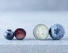 Halved bilberry with purple flesh next to a halved blueberry with pale flesh