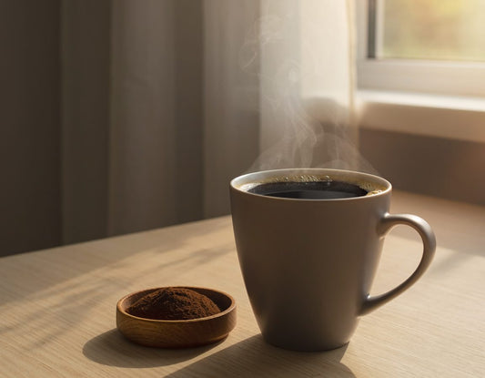 A steaming cup of coffee beside a small dish of dark mushroom coffee powder on a wooden desk