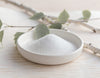 White xylitol crystals in a small bowl next to fresh birch branches on a pale wooden table