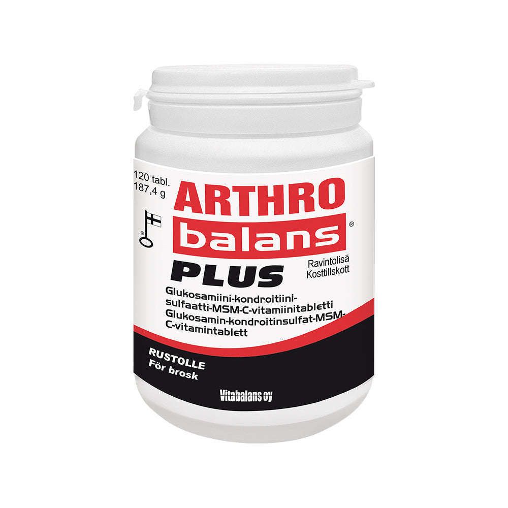 A white bottle labeled Arthrobalans Plus by Vitabalans contains 120 tablets. The Finnish and Swedish label features chondroitin sulfate and glucosamine as key ingredients for supporting joint mobility.