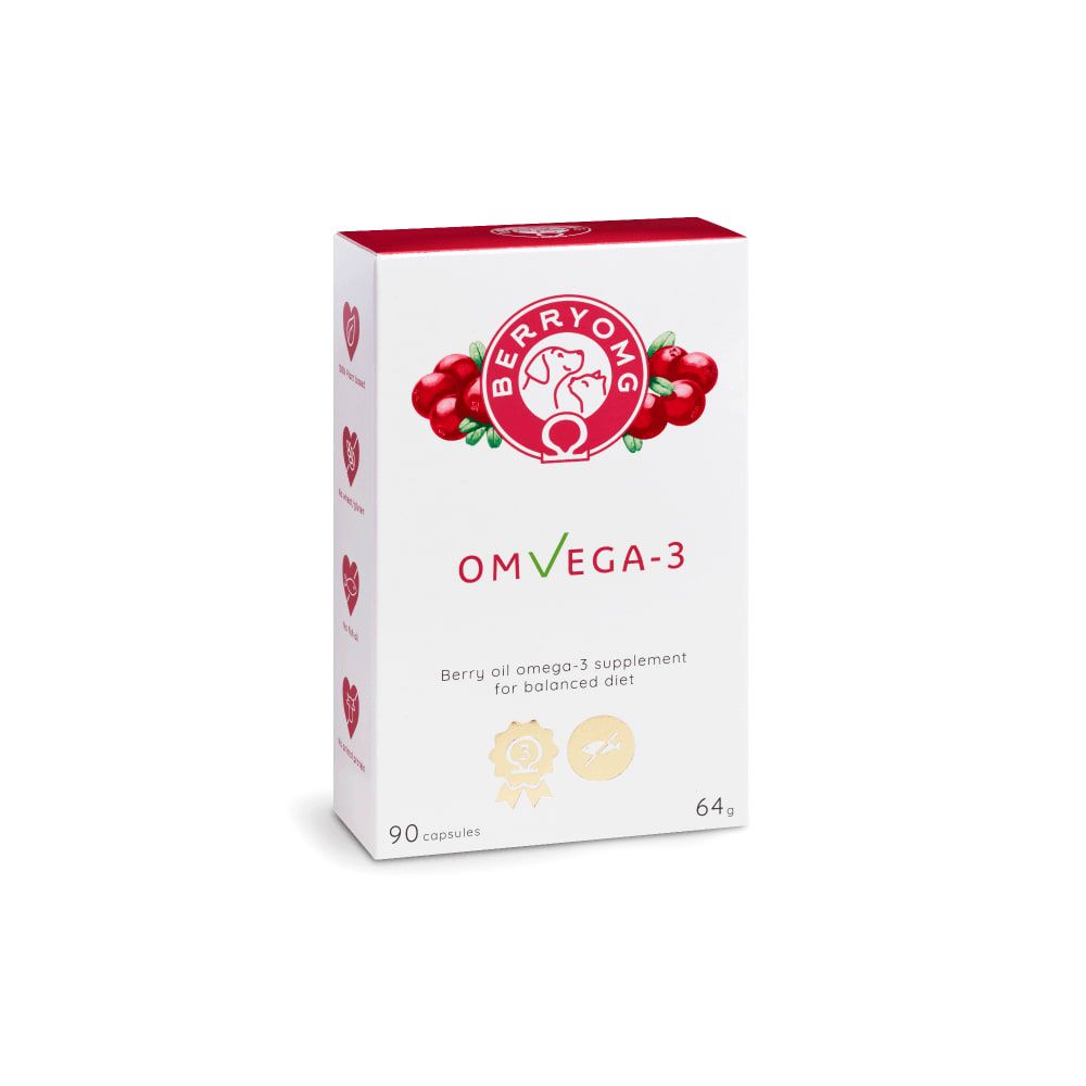 A white box of Berry OMG OMvEGA-3 by Berry OMG, a vegan berry oil supplement with red accents, cranberry images, and 90 capsules for a balanced diet. The box features a pink bird logo and highlights omega fatty acids content.