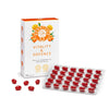 A box labeled Berry OMG Vitality & Defence with orange berries and leaves, next to a blister pack and loose red capsules on a white background. The packaging highlights it as an antioxidant-rich berry oil supplement with sea buckthorn oil for seniors.