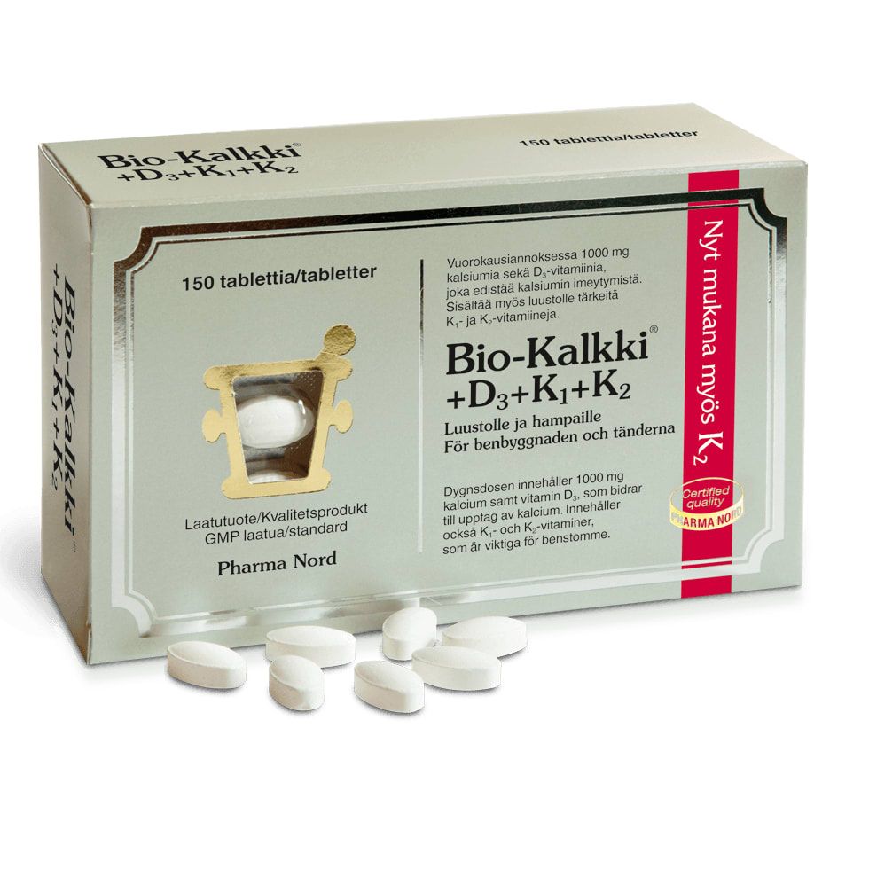 A box of Pharma Nord Bio-Calcium + D3 + K1 + K2 chewable tablets for bone health, featuring round white tablets visible through the open package and several scattered in front.