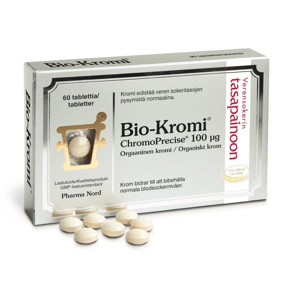A box of Pharma Nord Bio-Chromium 100 mikrog is shown with seven round beige tablets in front. This chromium yeast supplement aids blood sugar control. The 60-tablet box displays text in Finnish.