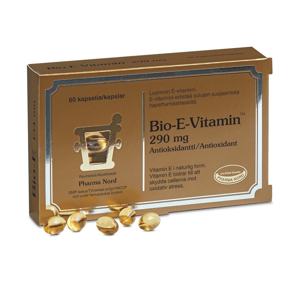 A gold and brown box labeled Pharma Nord Bio-E Vitamin 290 mg is shown, with several soft gelatin capsules in front. The packaging highlights natural vitamin E, antioxidant properties, and includes text in multiple languages.