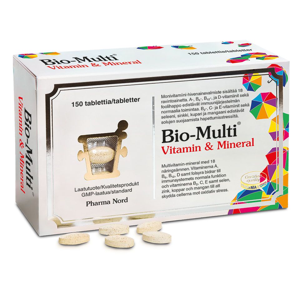 Pharma Nord’s Bio-Multi Vitamin & Mineral includes SelenoPrecise and a full vitamin B complex. The pack contains 150 round beige multivitamin supplement tablets, with some tablets shown in front of the box.