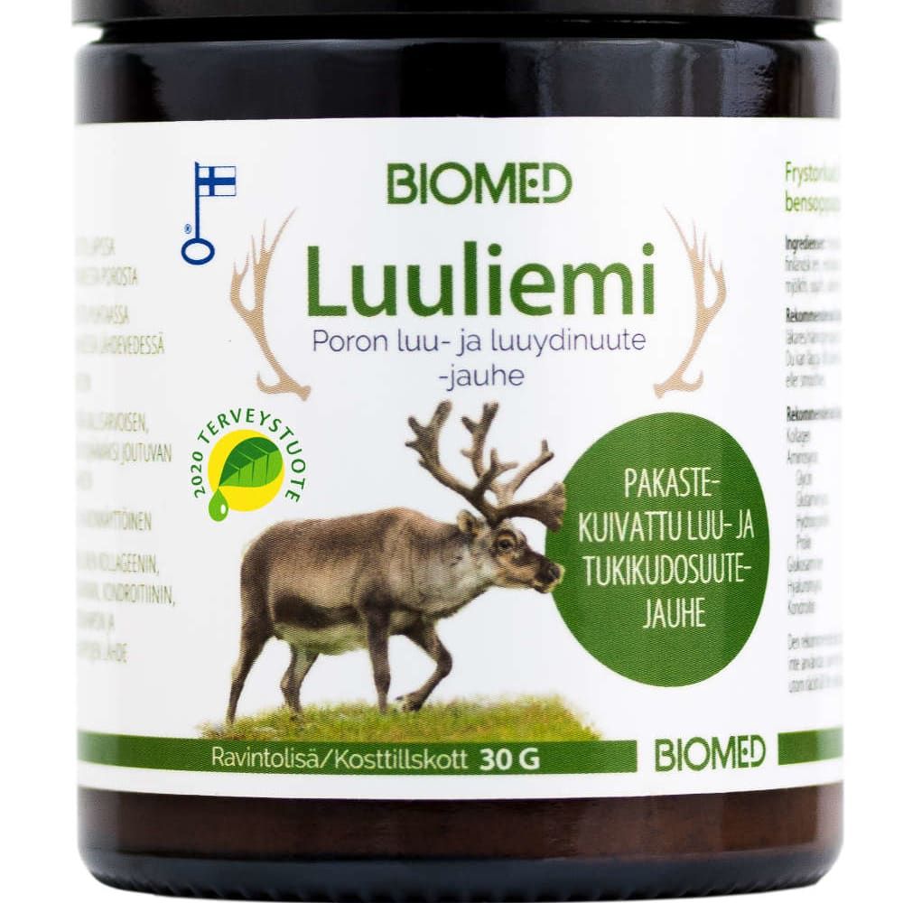 A jar labeled Biomed Gift Set Bone Broth features a reindeer illustration, Finnish text, a green health symbol, and details about Finnish bone broth powder made from reindeer bone and marrow. Brand: Biomed.