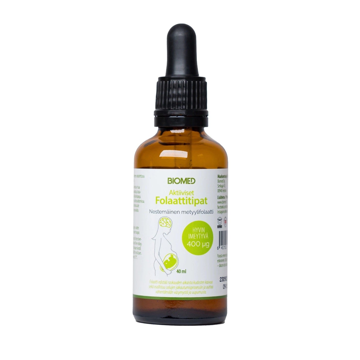 Bottle of Biomed product with dropper on a white background
