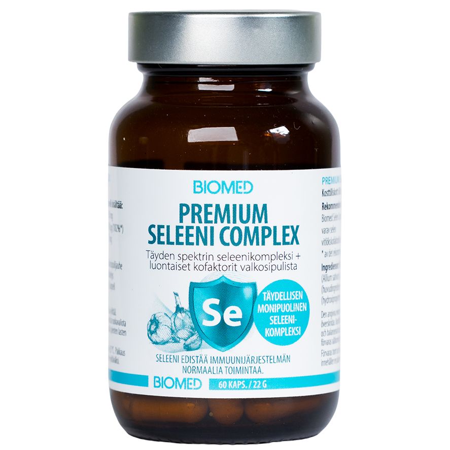 A brown glass supplement bottle with a silver cap and a white label reading 'BIOMED PREMIUM SELEENI COMPLEX' on a plain white background.