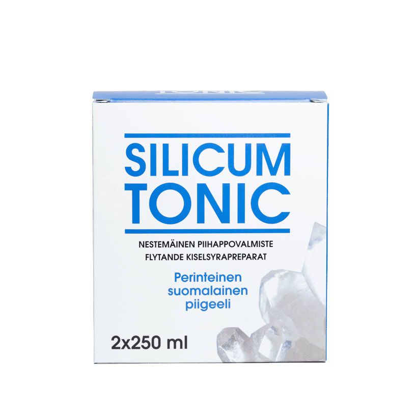 A white and blue box labeled "Biomed Silicum Tonic," with Finnish and Swedish text and a crystal image, contains 2 x 250 ml of this Biomed silica supplement—ideal for daily wellness.