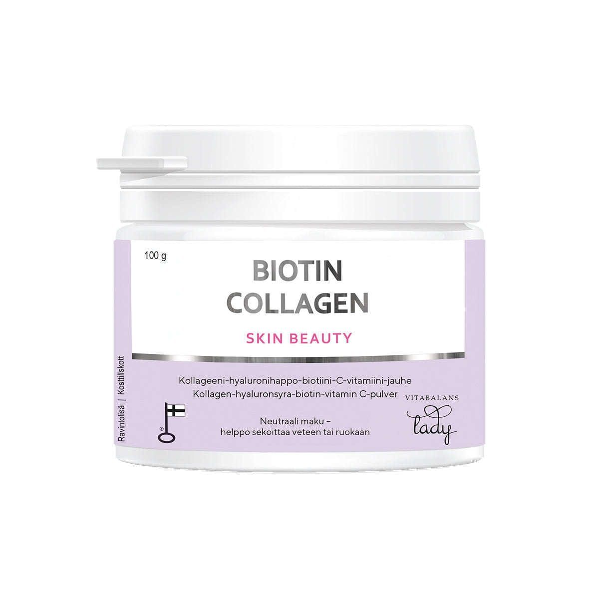 Un récipient en plastique blanc avec des accents violets portant la mention « Biotin Collagen Skin Beauty Powder » (Poudre de beauté pour la peau à base de biotine et de collagène) de Vitabalans, contenant des peptides de collagène pour raffermir la peau et lutter contre le vieillissement. La poudre est conçue pour être facilement mélangée à des aliments ou des boissons.