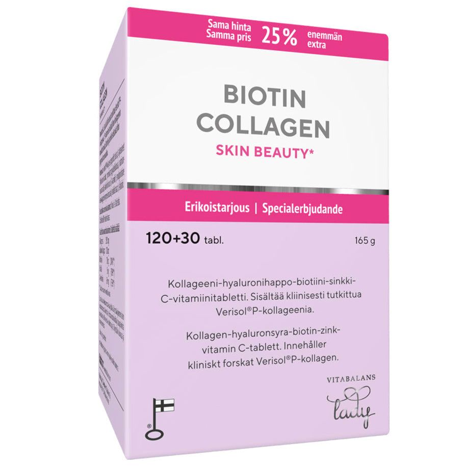 Une boîte rose et blanche Vitabalans Collagen Skin Beauty contenant 150 comprimés, avec des peptides de collagène Verisol pour la fermeté de la peau, une offre supplémentaire de 25 % et un emballage avec des textes en finnois et en suédois.