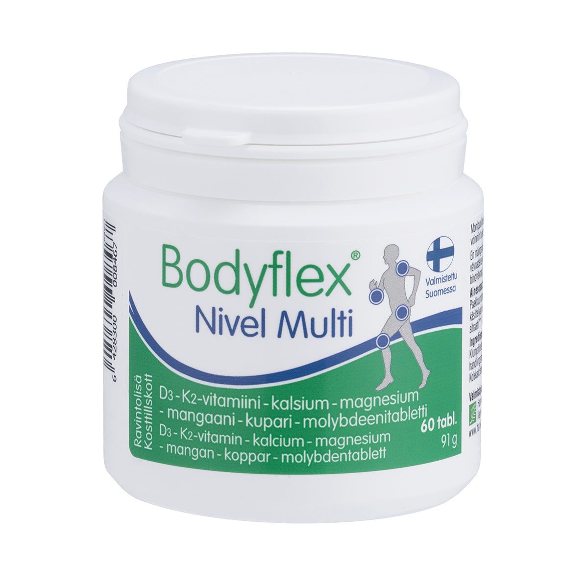 A white jar of Hankintatukku's Bodyflex Joint Multi, a joint support supplement with vitamin D3, features green and blue text, a silhouette highlighting joints, a Finnish quality label, and contains 60 tablets.