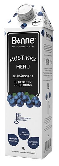 Carton of Bonne Mustikka Mehu blueberry juice drink on a white background