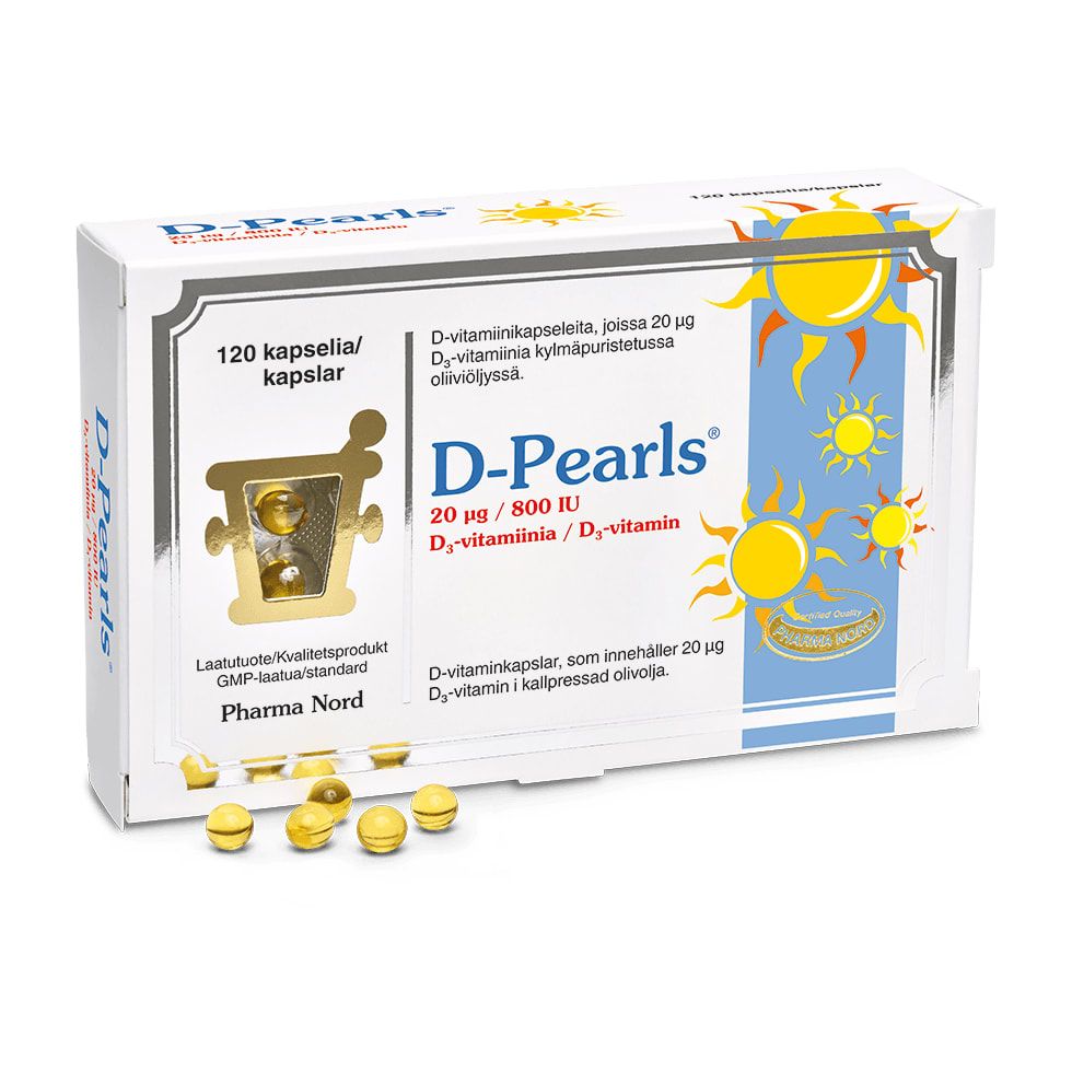 A box of Pharma Nord D-Pearls 20 mikrog vitamin D3 shows a sun graphic, a transparent window with yellow capsules, and scattered capsules in front. Finnish and Swedish text highlights immune system and bone health support.