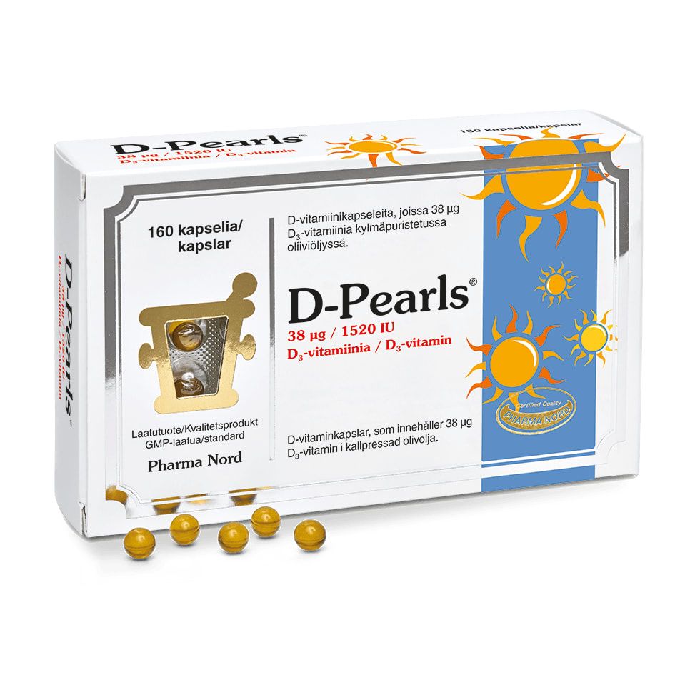 Abgebildet ist eine Schachtel mit Pharma Nord D-Pearls 38 mikrog mit kleinen, runden, gelben Kapseln auf der Vorderseite. Die Verpackung zeigt ein Sonnenmotiv und einen Text auf Finnisch und Schwedisch, der auf die Unterstützung des Immunsystems hinweist.