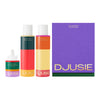 A skincare set from DJUSIE on a white background, featuring a purple box, a small face oil bottle, and two larger serum bottles with colorful labels.