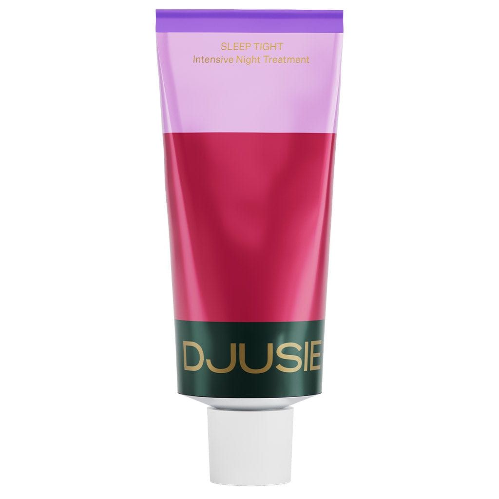 A Djusie Dream Team Box, from the brand Djusie, featuring a nourishing night treatment in a purple and pink gradient tube with gold text and a white cap, displayed upright on a plain white background.
