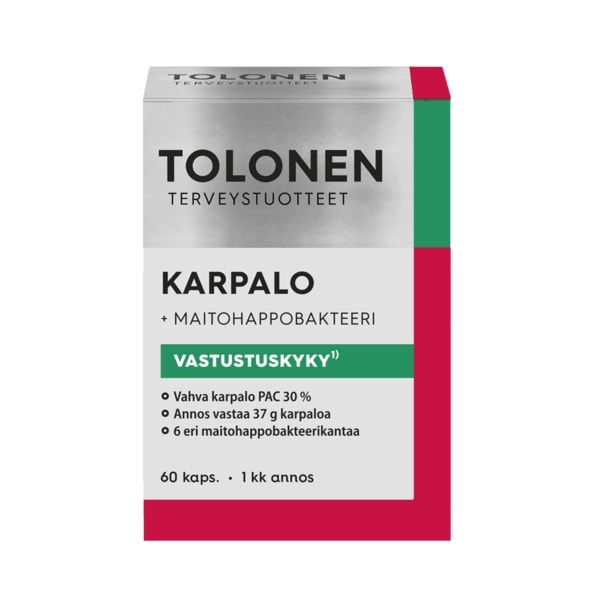 A box of Dr. Tolonen Cranberry + Lactic Acid Bacteria by Dr. Tolonen, with green, red, and silver packaging, contains 60 capsules for immune support with cranberry extract and lactic acid bacteria. Finnish text lists ingredients and usage instructions.