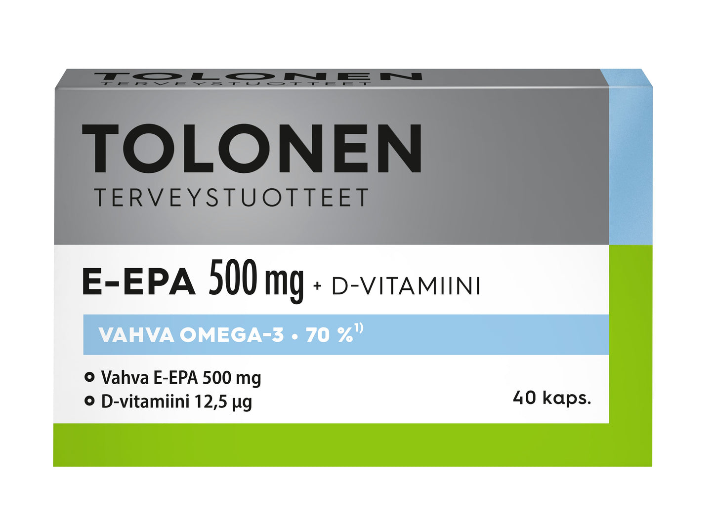 A box of Dr. Tolonen E-EPA 500 mg, an ethyl-EPA fish oil omega-3 supplement with vitamin D, containing 40 capsules. The box is white, gray, blue, and green. Brand: Dr. Tolonen.