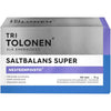 A box of Dr. Tolonen Saltbalans Super, a Finnish magnesium supplement. The mostly white, grey, and purple packaging features product details and benefits in Finnish on the front.