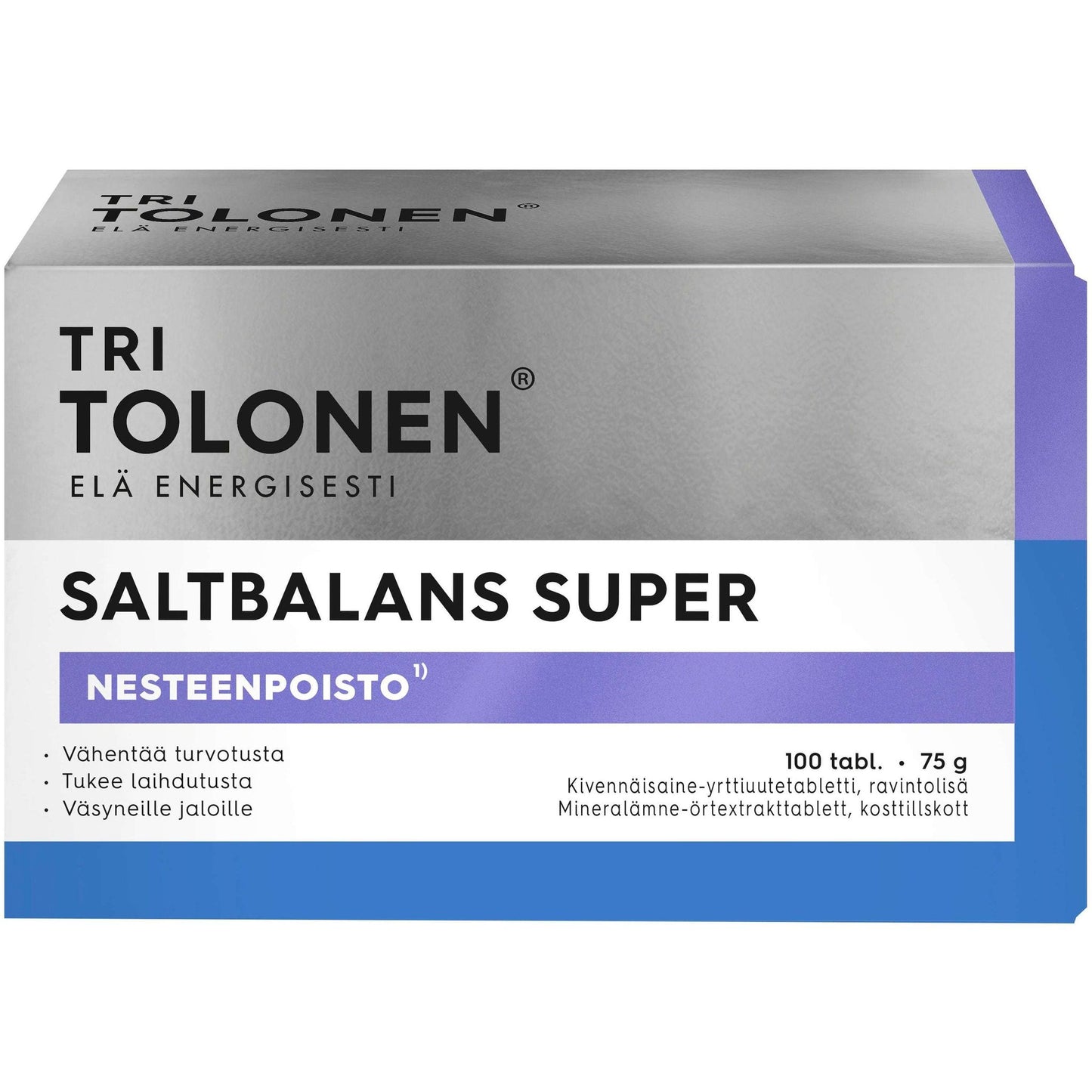 A box of Dr. Tolonen Saltbalans Super, a Finnish magnesium supplement. The mostly white, grey, and purple packaging features product details and benefits in Finnish on the front.