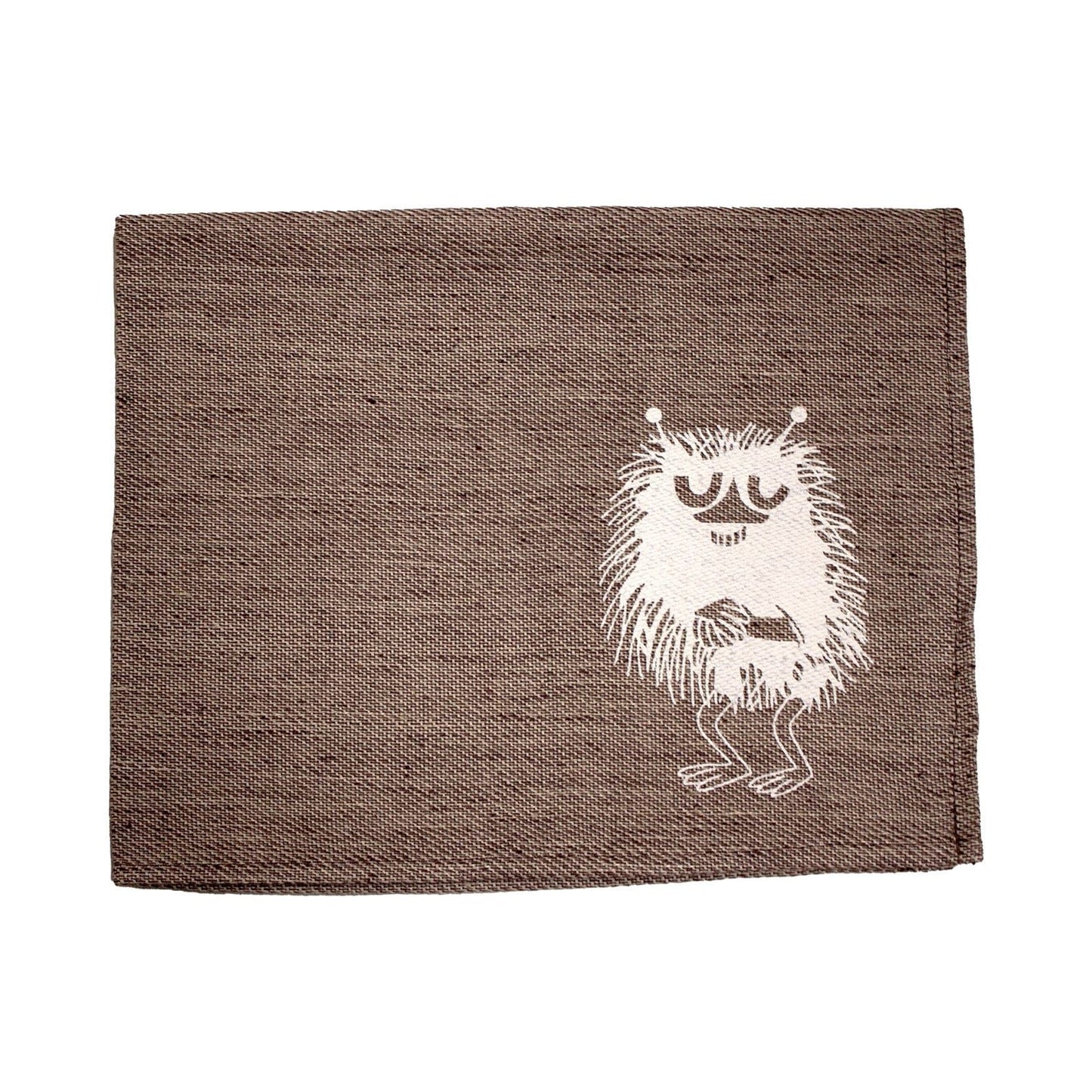 The Emendo Stinky Seat Cover by Emendo is a brown cloth napkin with a white illustration of Moomin Stinky—perfect as a unique linen sauna cover or seat cover.