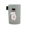 The Emendo Moomin Cooler Moominpappa is a light grey cylindrical neoprene container with a black tag, featuring an illustration of Moominpappa—the white, hippo-like character in a top hat holding a cane.