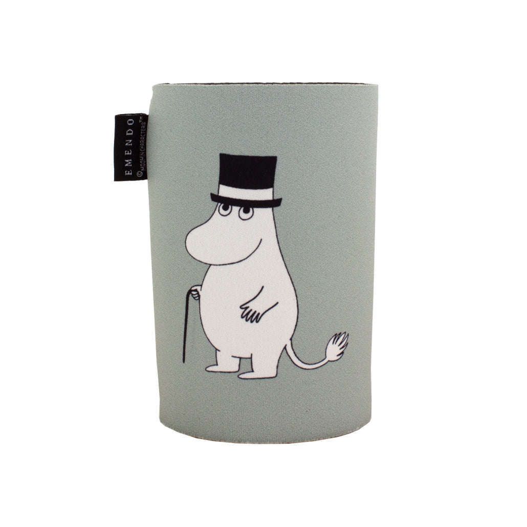 The Emendo Moomin Cooler Moominpappa is a light grey cylindrical neoprene container with a black tag, featuring an illustration of Moominpappa—the white, hippo-like character in a top hat holding a cane.